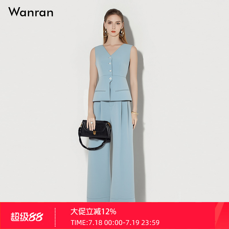2025年夏季新款时尚V领无袖收腰显瘦马甲+高腰直筒阔腿裤西装套装