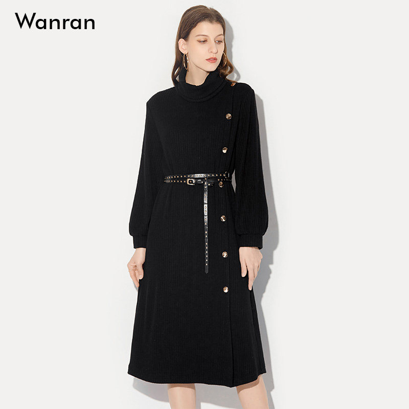 2026春季新款时尚高领灯笼袖黑色多穿中长款开针织叉连衣裙女装