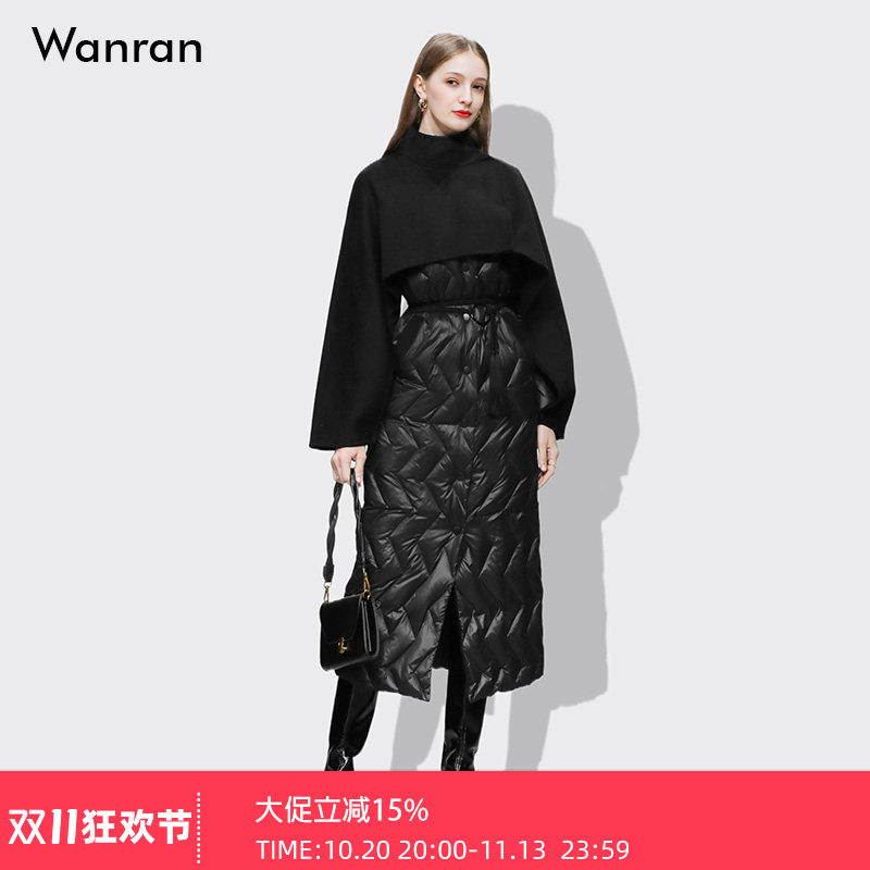 2025冬季女装时尚气质高领羊毛双面呢披肩系带长款黑色羽绒服女