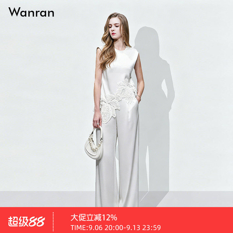 2026夏季新款时尚正肩设计感蕾丝贴花上衣高腰气质阔腿裤套装