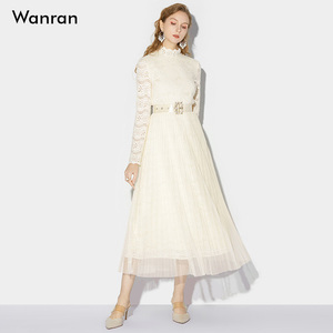 2026春季新款时尚名媛立领蕾丝网纱百褶显瘦大摆内搭打底连衣裙