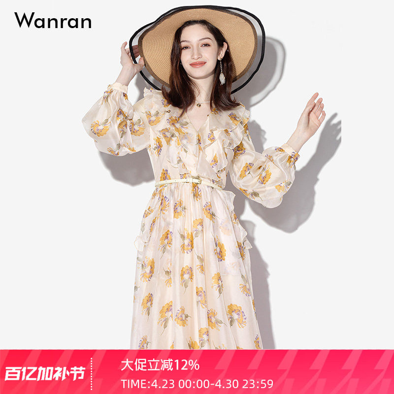 春装女装2026新款法式复古灯笼长袖花朵印花长款连衣裙长裙裙子女