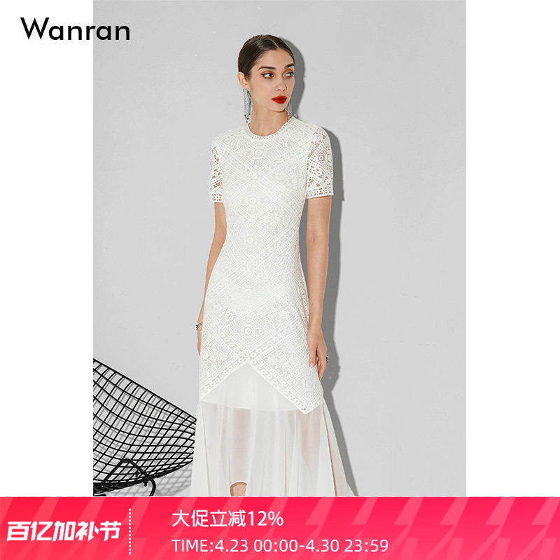 2026夏季新款复古浪漫蕾丝裙气质修身不规则拼接白色雪纺连衣裙