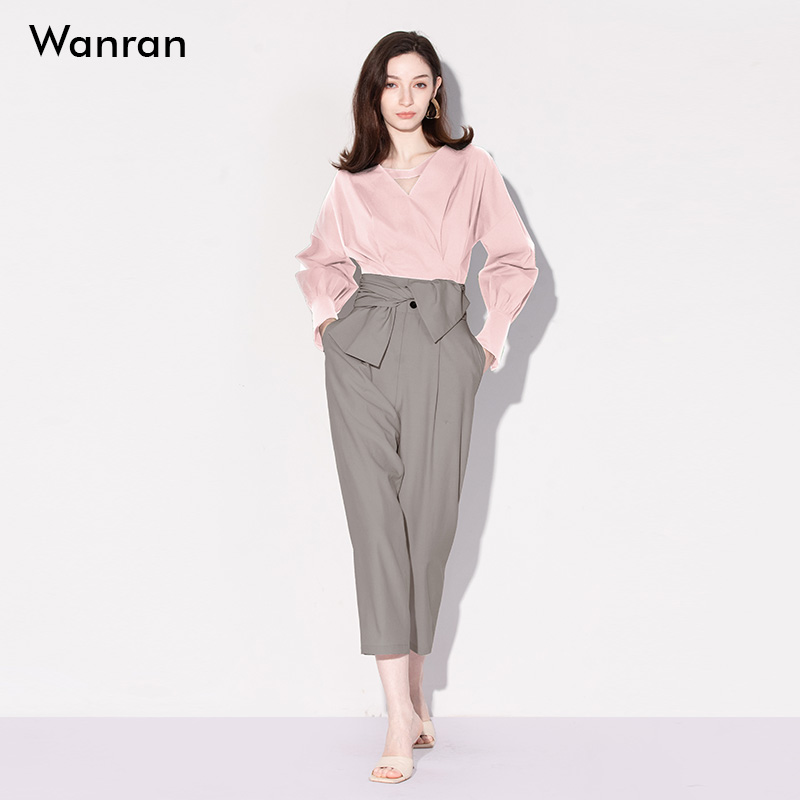 2025秋装女装新款时尚气质两件套粉色衬衫上衣咖色九分裤裤子套装