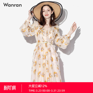 春装女装2026新款法式复古灯笼长袖花朵印花长款连衣裙长裙裙子女