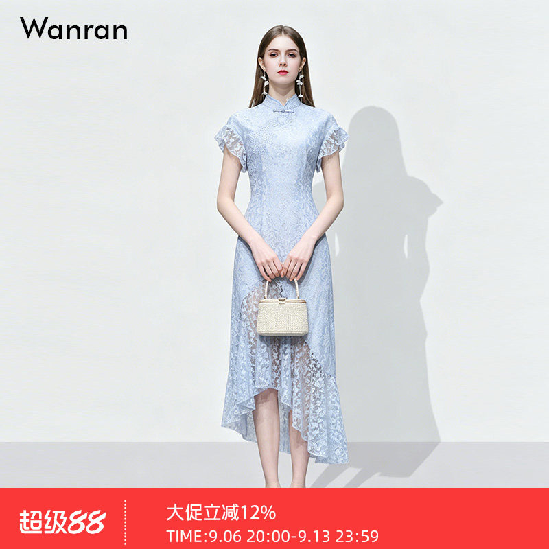 2026夏季新款新中式气质立领短袖收腰不规则鱼尾摆蕾丝旗袍连衣裙
