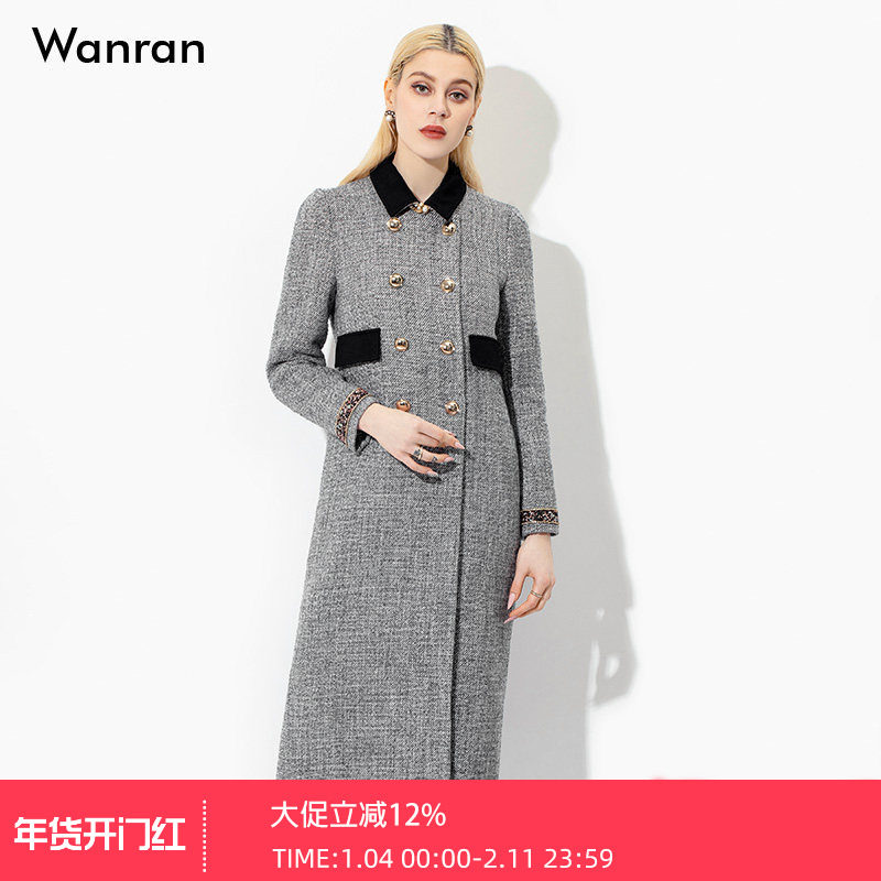 2025秋季时尚复古粗花呢大衣灰色双排扣宽松长款呢子外套女加厚,女装/女士精品,毛呢外套,淘宝优惠券,粉丝福利购,淘宝优惠卷