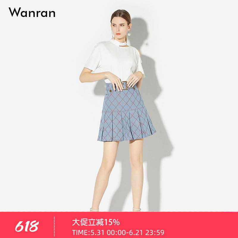 夏季女装2026新款白色露肩上衣T恤蓝色牛仔裙短裙裙子套装潮