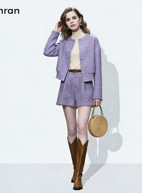 2025冬新款都市通勤圆领毛感针织外套+高腰阔腿短裤驼绒针织套装