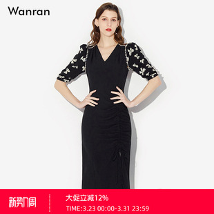 气质重工黑色名媛收腰可调节连衣裙女装 V领泡泡袖 新款 2026夏季