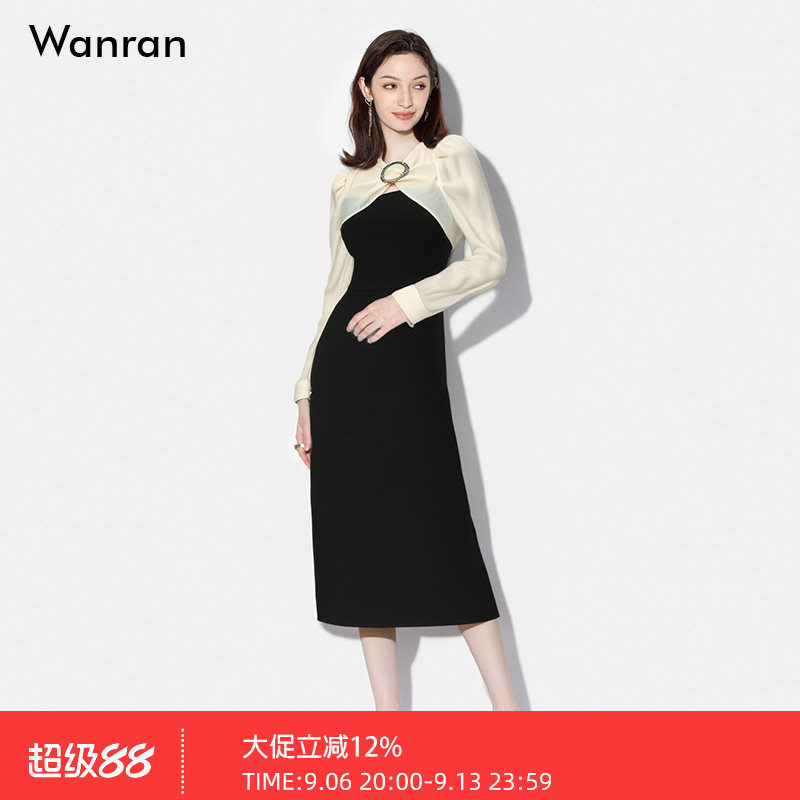 秋装2026新款女装气质撞色泡泡袖长裙收腰显瘦连衣裙小黑裙女