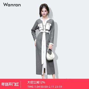 2026春季女装优雅气质感撞色系带蝴蝶结收腰长款毛呢连衣裙