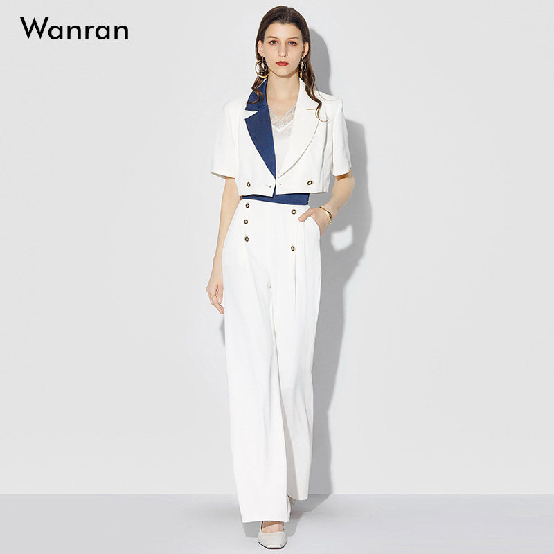 2026夏装新款短袖西装套装甜酷时尚白色外套高腰直筒显瘦长裤
