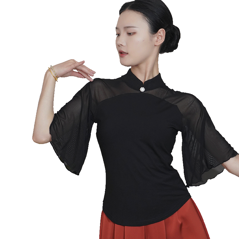 古典舞練功服上衣女黑色氣質(zhì)修身夏季水紗喇叭中袖中國現(xiàn)代舞蹈服