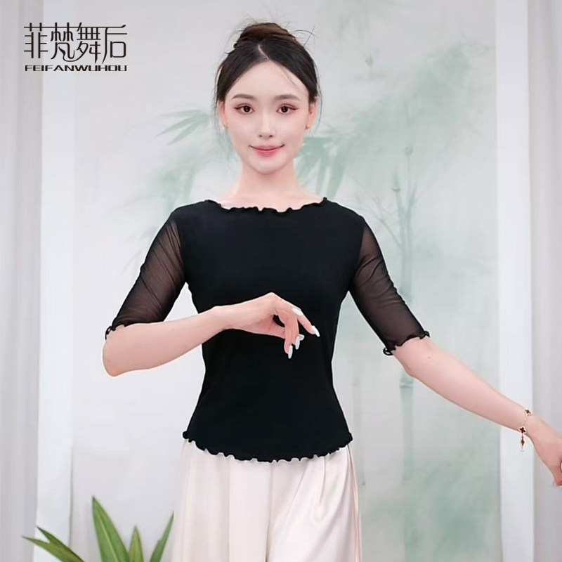 菲梵舞后高弹棉古典舞服装练功跳舞衣服现代舞服上衣水纱中袖显瘦图片