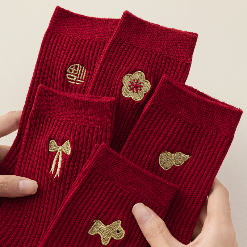 马年红袜子女本命年棉袜中筒秋冬2026属马可爱刺绣结婚情侣新年袜