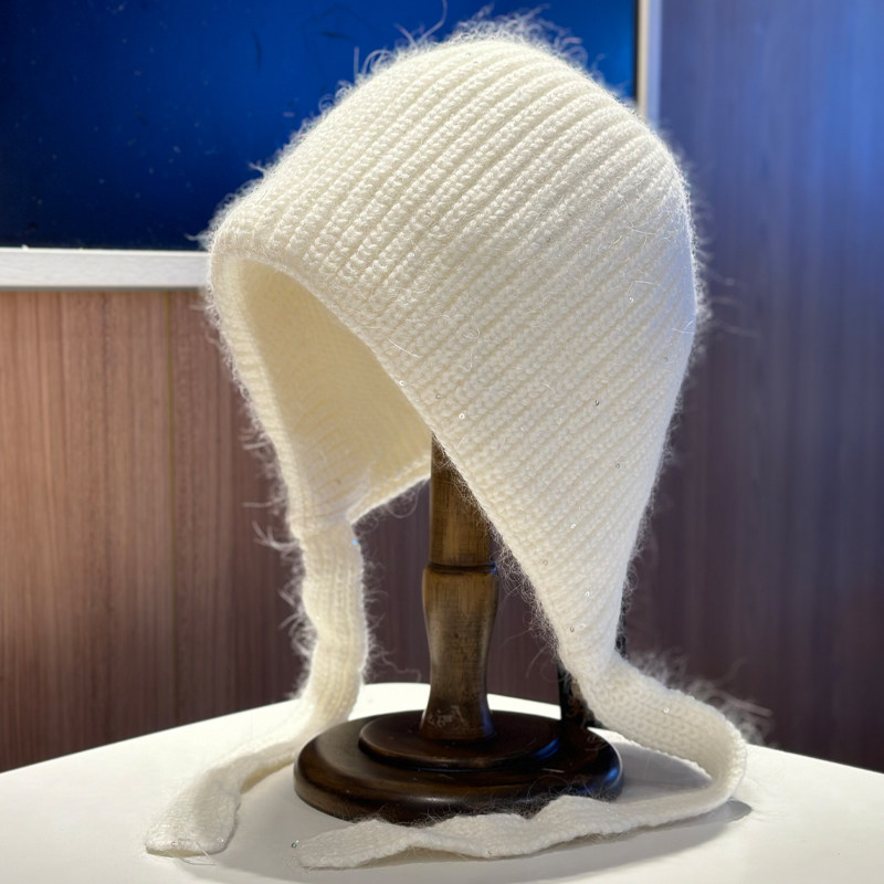 2025新款秋冬纯色兔毛护耳帽子女保暖防风时尚百搭褶皱毛线帽出游