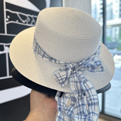 日系蓝色格纹蝴蝶结草帽子女春夏季 出游百搭海边度假遮阳防晒帽