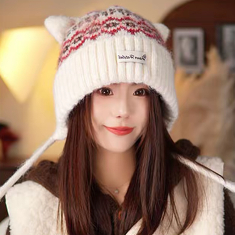 加厚费尔岛风提花针织帽子女