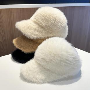 日系复古短檐毛绒空顶棒球帽子女秋冬可扎马尾百搭针织鸭舌帽休闲