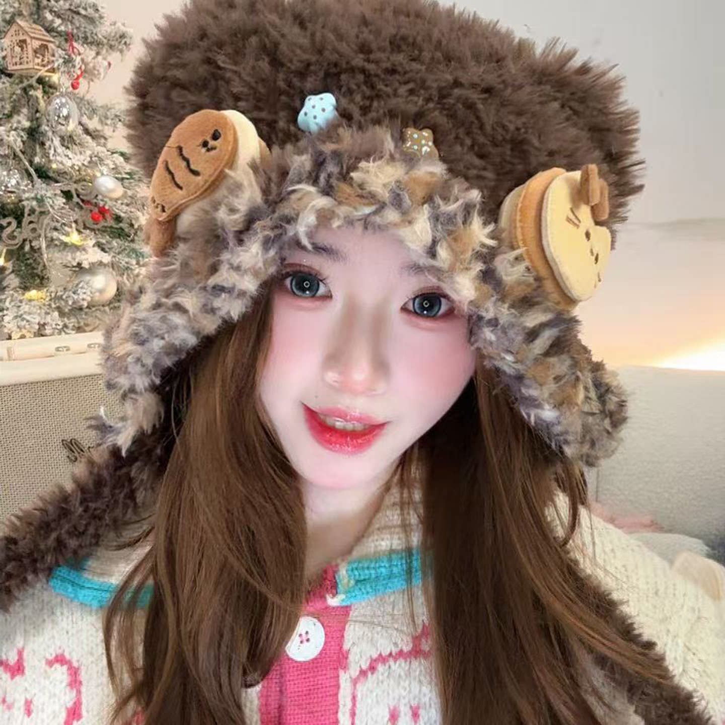 2025新款饼干小熊毛绒帽子女