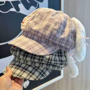 甜美格子可爱毛绒绒兔耳朵八角帽子女秋冬季保暖显脸小贴布鸭舌帽