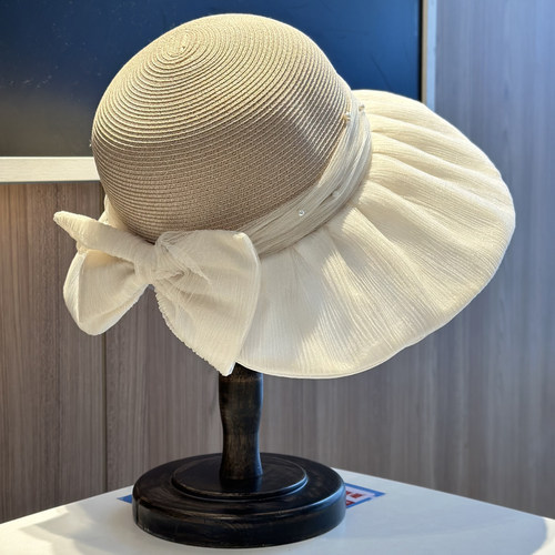 蝴蝶结珍珠拼接草帽子女夏季