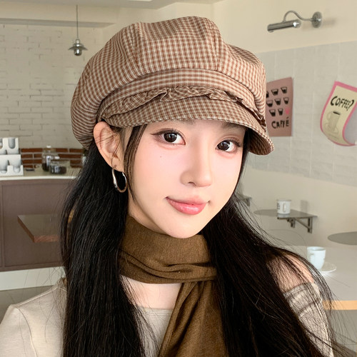 复古格纹花边八角帽子女