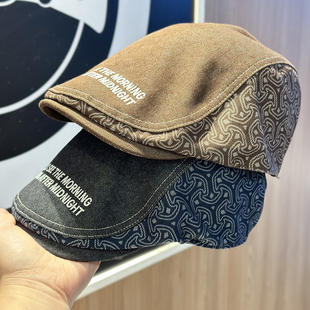 复古做旧字母牛仔拼接前进帽子女英伦风显脸小鸭舌帽贝雷帽2026春