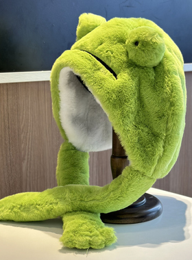 2025新款可爱绿色青蛙毛绒帽子女秋冬保暖护耳雷锋帽出游渔夫帽