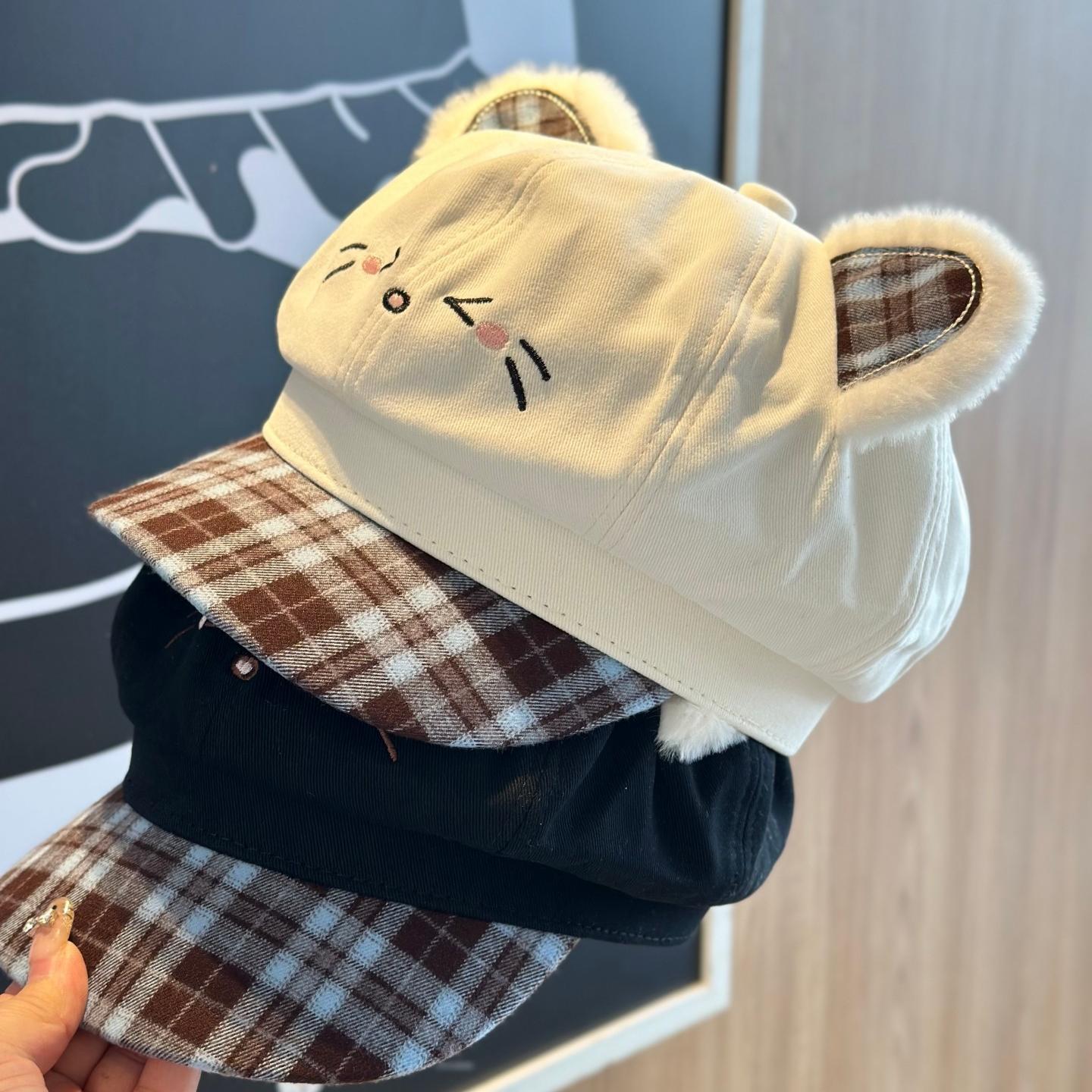 猫咪刺绣格纹显脸小大头围贝雷帽