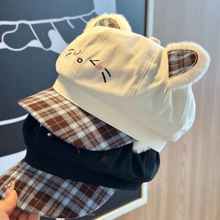 可爱萌趣猫咪耳朵八角帽子女秋季格纹拼接显脸小大头围刺绣贝雷帽