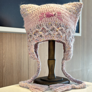 亚比风可爱粉色猫咪帽子女秋冬季保暖编织毛线帽显脸小护耳帽子潮