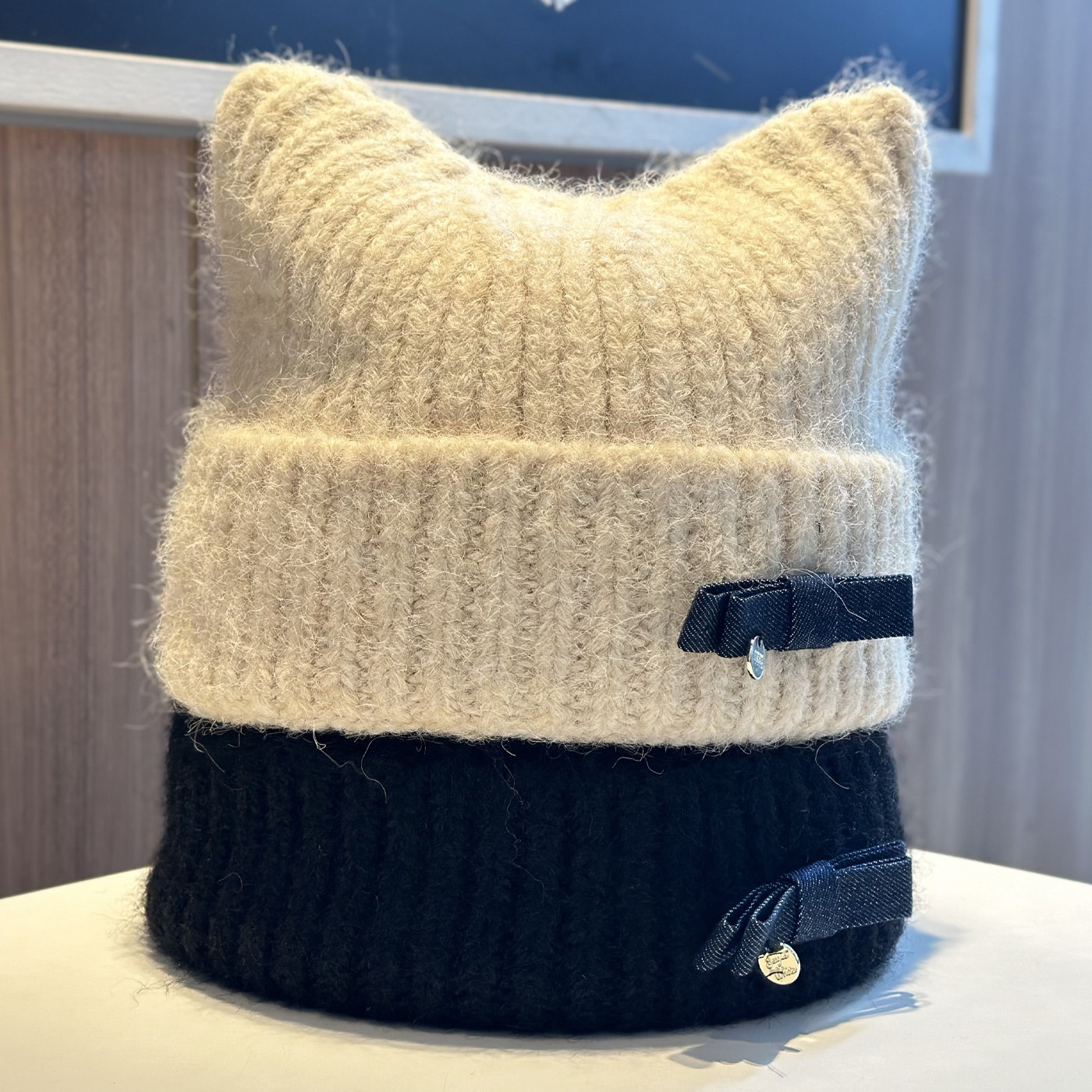 韩版可爱蝴蝶结猫耳针织帽
