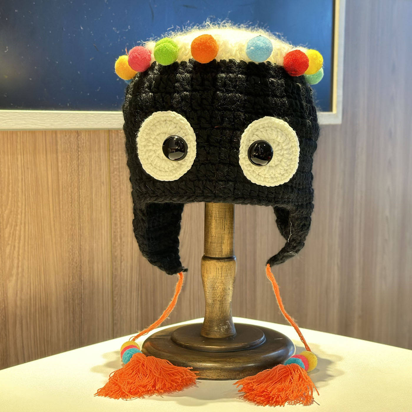 搞怪可爱大眼睛针织毛线帽子女秋冬保暖彩色球球护耳帽显脸小百搭