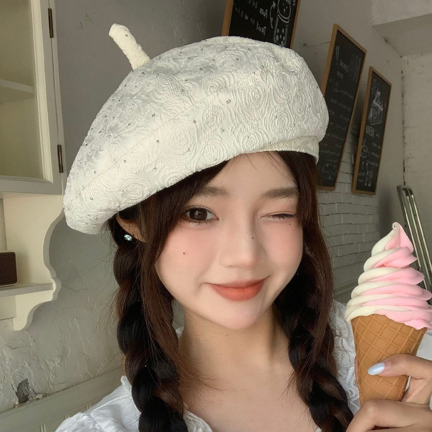 日系甜美烫钻贝雷帽子女