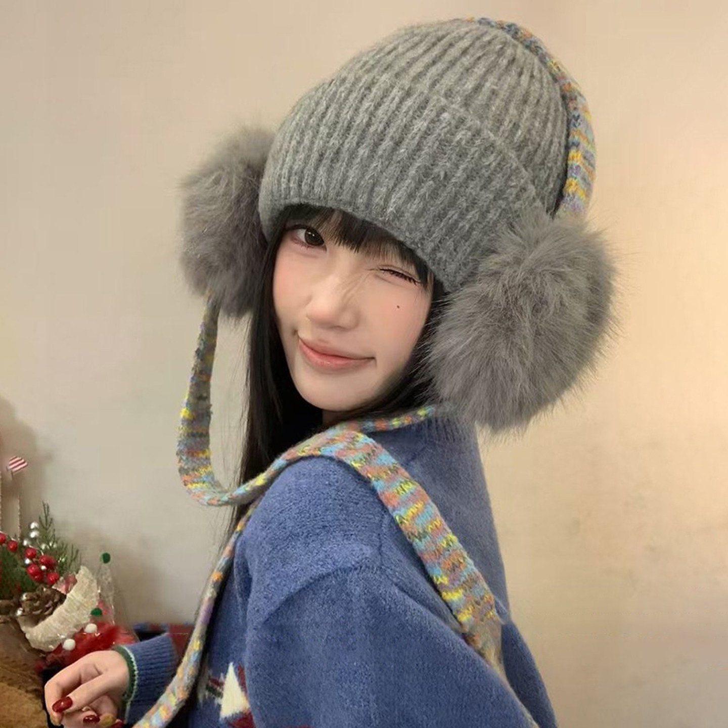 毛茸茸护耳针织毛线帽子女