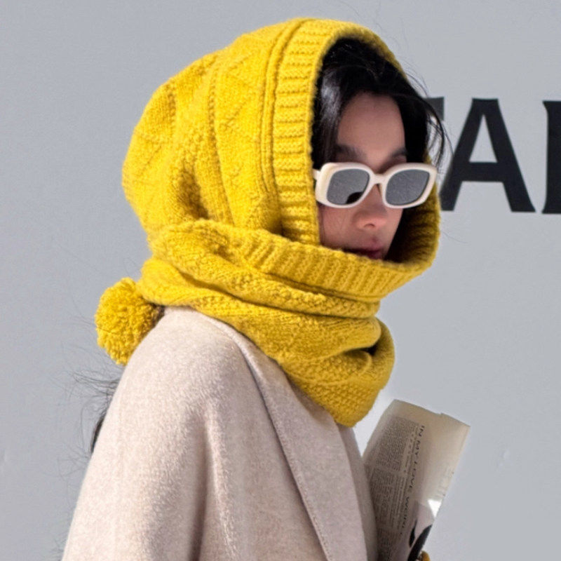 2025新款巴拉克拉法帽子女冬季围巾一体针织帽保暖护耳毛线帽纯色