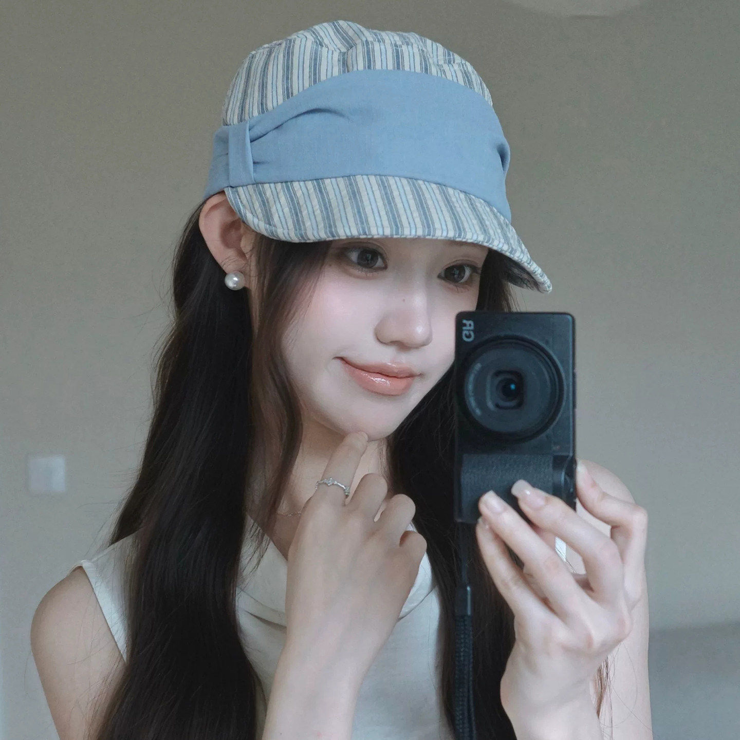韩系条纹鸭舌帽子女夏季遮阳显脸小百搭宽檐蝴蝶结马术帽骑士帽潮