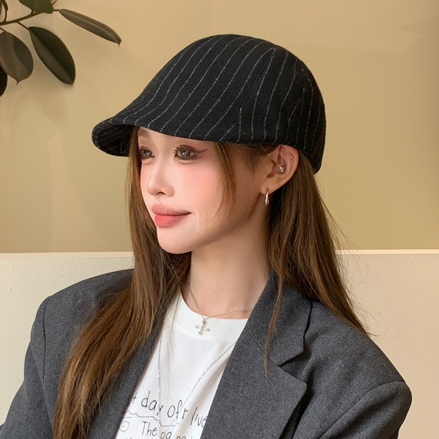 复古文艺学院风条纹鸭舌帽