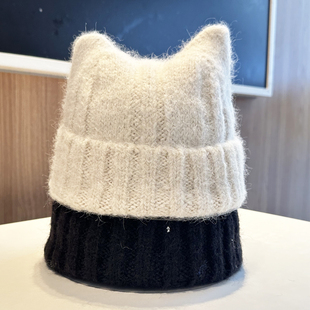 毛线帽子女款秋冬季针织帽冷帽可爱猫耳朵百搭瓜皮帽男痞帽地主帽