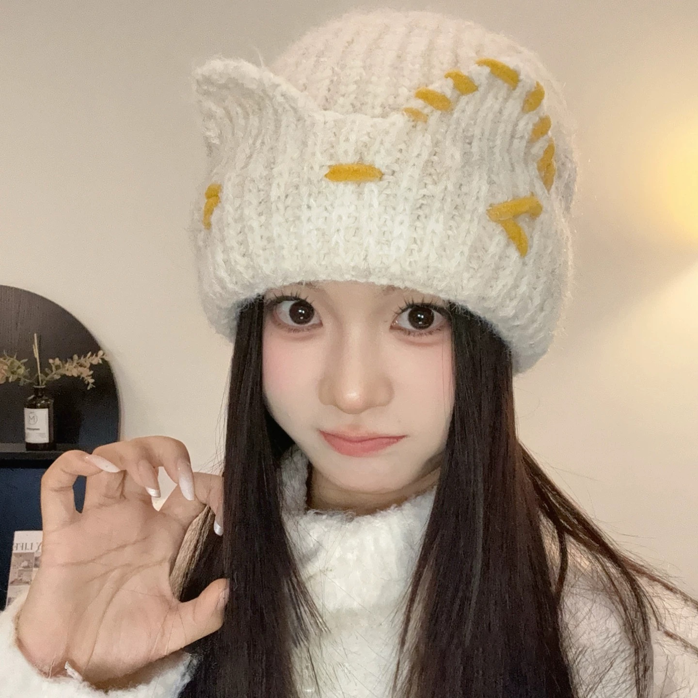 秋冬保暖护耳小猫耳针织帽显脸小