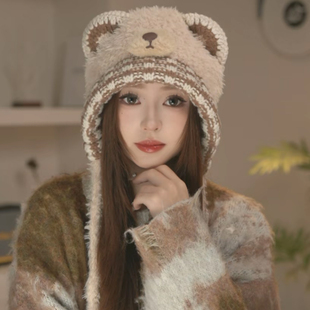2025新款可爱小熊针织帽子女秋冬保暖双层加厚护耳帽显脸小毛绒帽