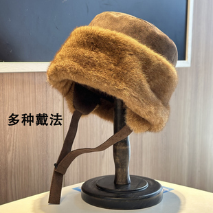 2025新款多种戴法毛绒雷锋帽子男女冬季保暖防寒翻檐系带帽护耳