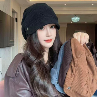 2025新款R字母韩系针织堆堆帽子女秋冬显脸小百搭包头帽冷帽潮流