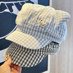 甜美格子可爱猫耳朵八角帽子女鸭舌帽春季新款甜美显脸小画家帽