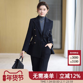 女气质藏青色修身 秋冬加厚高端羊毛羊绒西装 套装 职业毛呢西服外套