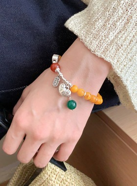 爱心胖福蜜蜡手链女999足银红玛瑙招财转运手串高级感轻奢手饰