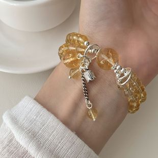 S925纯银黄水晶双圈手链女新中式国风铃兰花吊坠手串送女友礼物