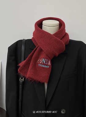 韩版百搭针织毛线红色围巾女2023新款冬季高级感新年礼物情侣围脖